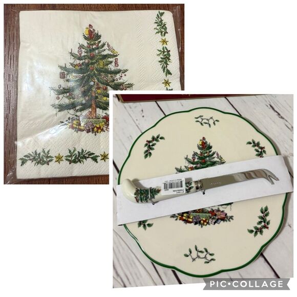 Spode Christmas Tree Appetizer Plate With Knife And Napkins New In Box 9” - Picture 1 of 13